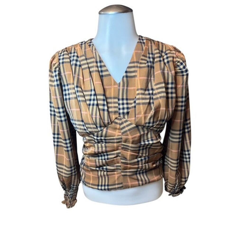 Women’s Small Beige Plaid Ruched Long Sleeve Blouse Top
